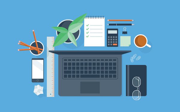 graphic of an organized desktop with a laptop