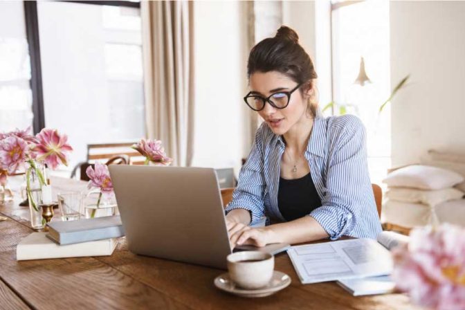 v Woman in home office assessing AI Privacyt in Los Angeles
