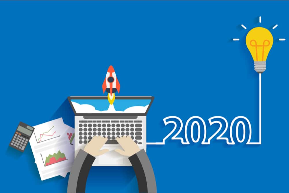 creative light bulb idea 2020 new year business start up ideas concept design with businessman working on laptop computer pc top view from above vector illustration